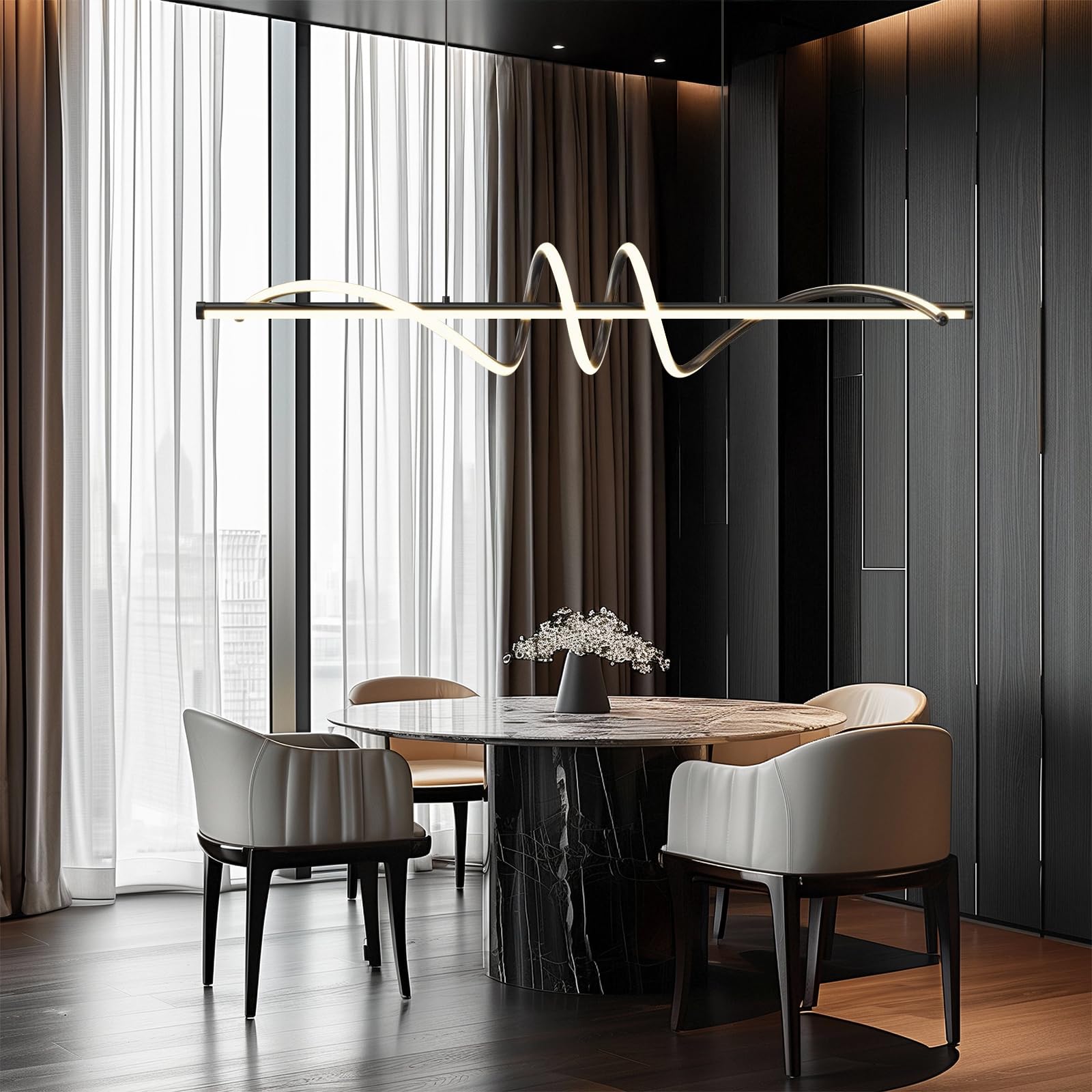 Linear LED Modern Wave Chandelier Black Dimmable Island Light CL-MW