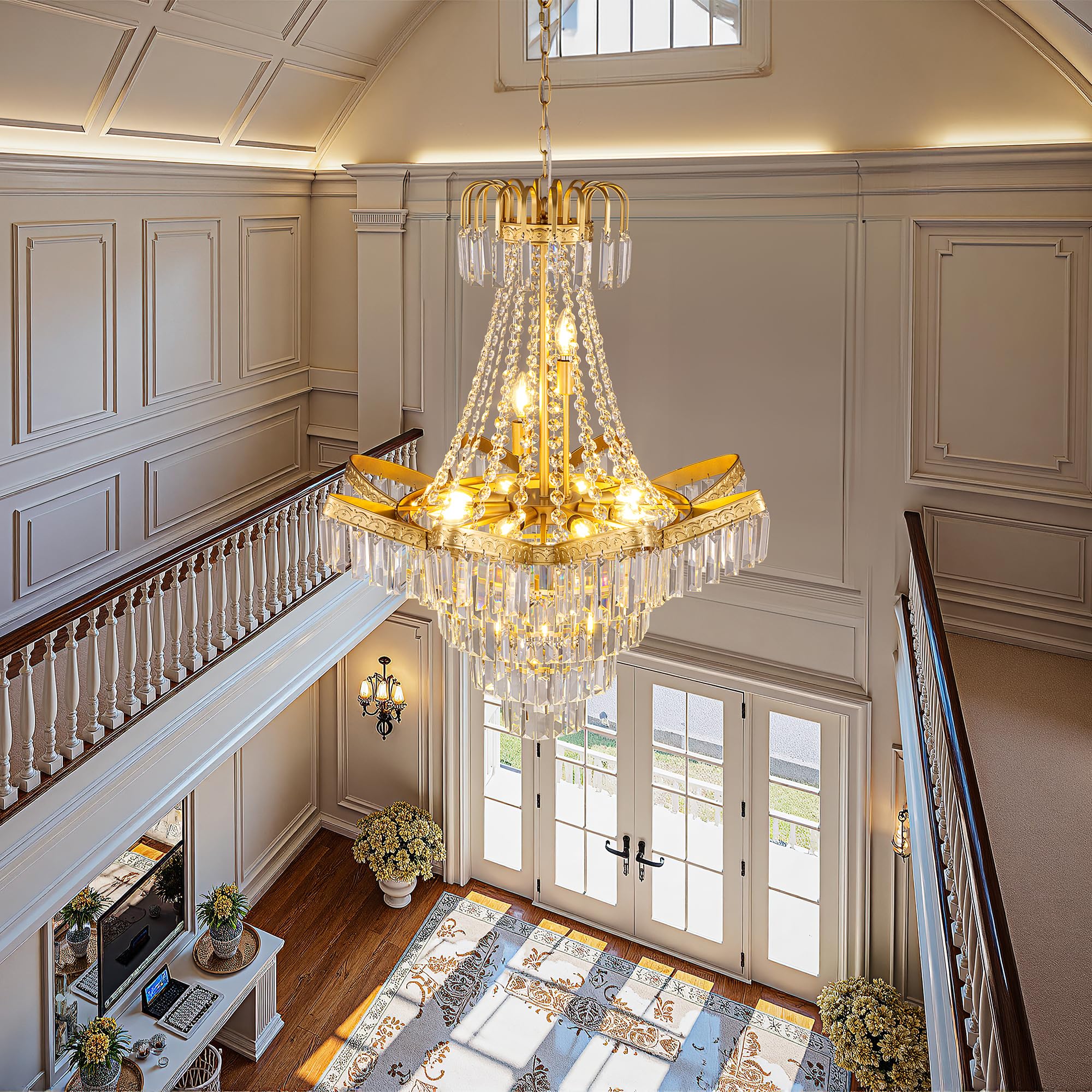 Made-to-Order High Ceiling Empire Crystal Chandelier 11-Light Vintage Gold Chandelier for Foyer, Entryway, Dining Room CL-FEC