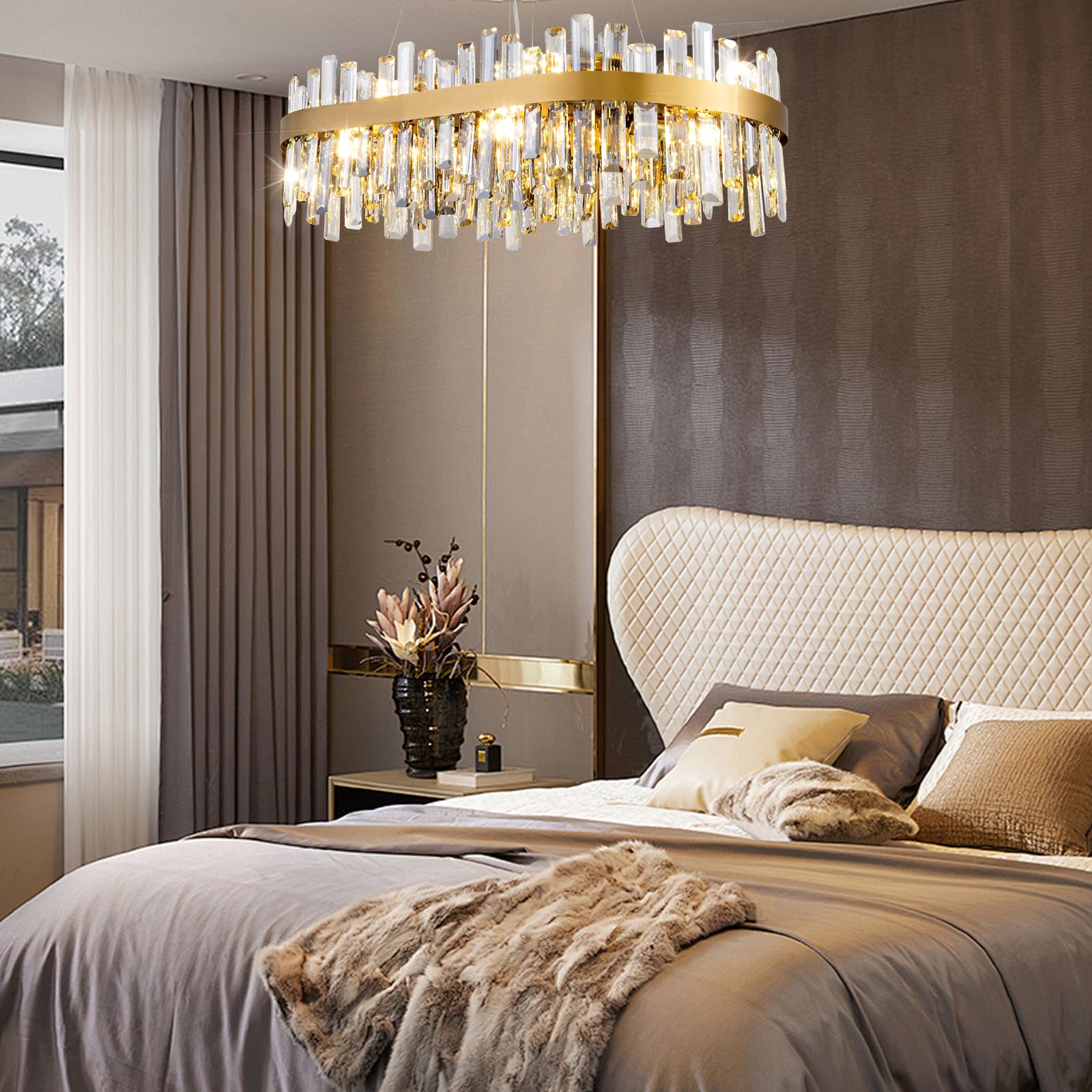Modern Gold K9 Crystal Chandelier 12-Light Oval Pendant CL-ICCO