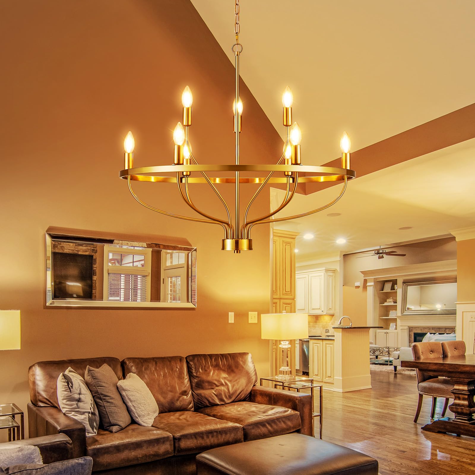 9 Lights Candle Chandelier Gold Farmhouse & Industrial Pendant CL-9HCCG