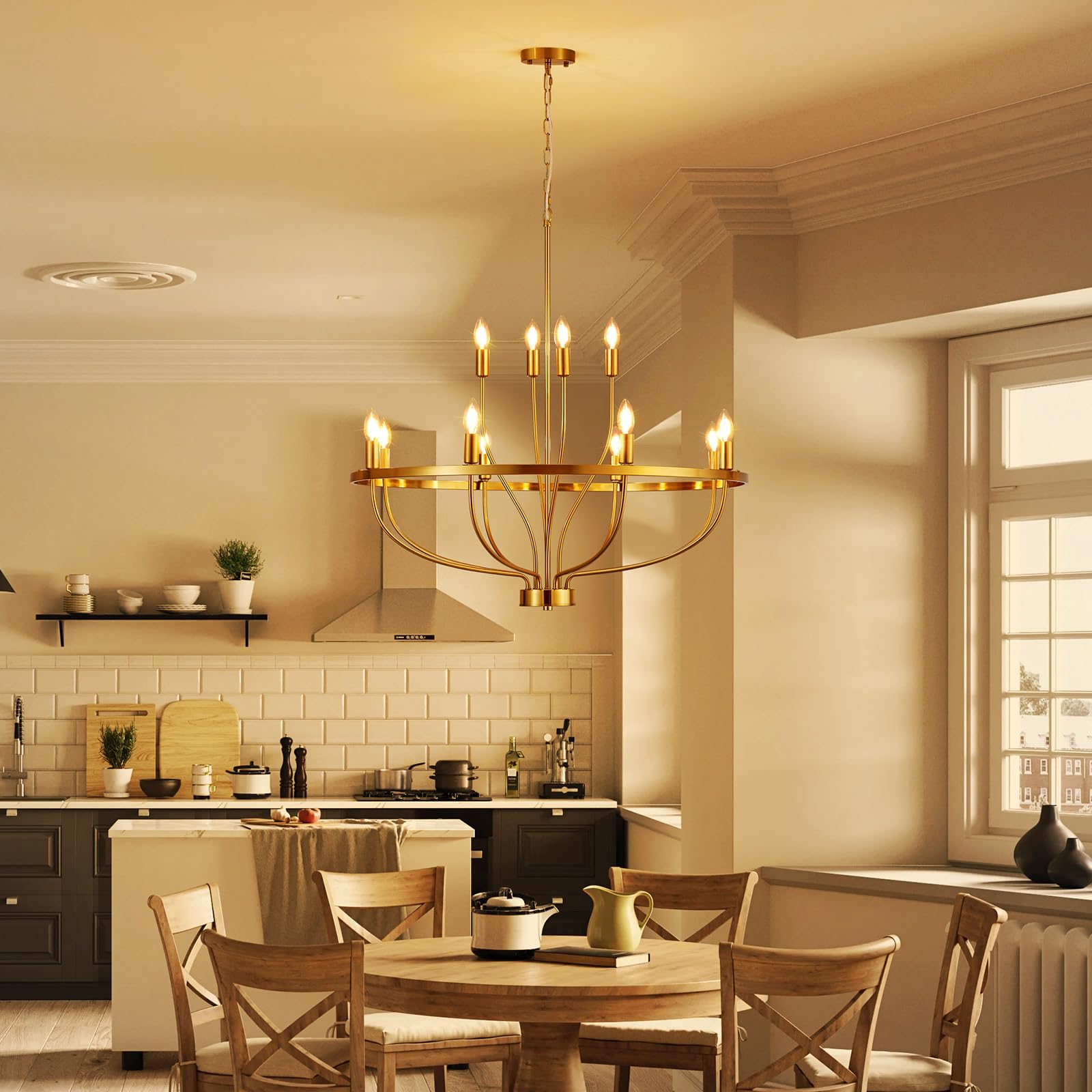12 Lights Candle Chandelier Gold Farmhouse & Industrial Pendant CL-12HCCG