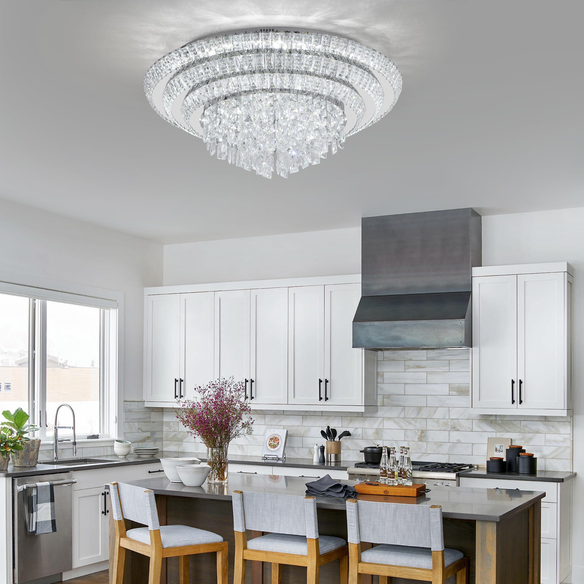 Made-to-Order Modern LED Crystal Ceiling Light 3-Layer Flush Mount Chandelier with Remote, Dimmable 3CCT, for Living Room Bedroom Kitchen Entryway CL-CRC