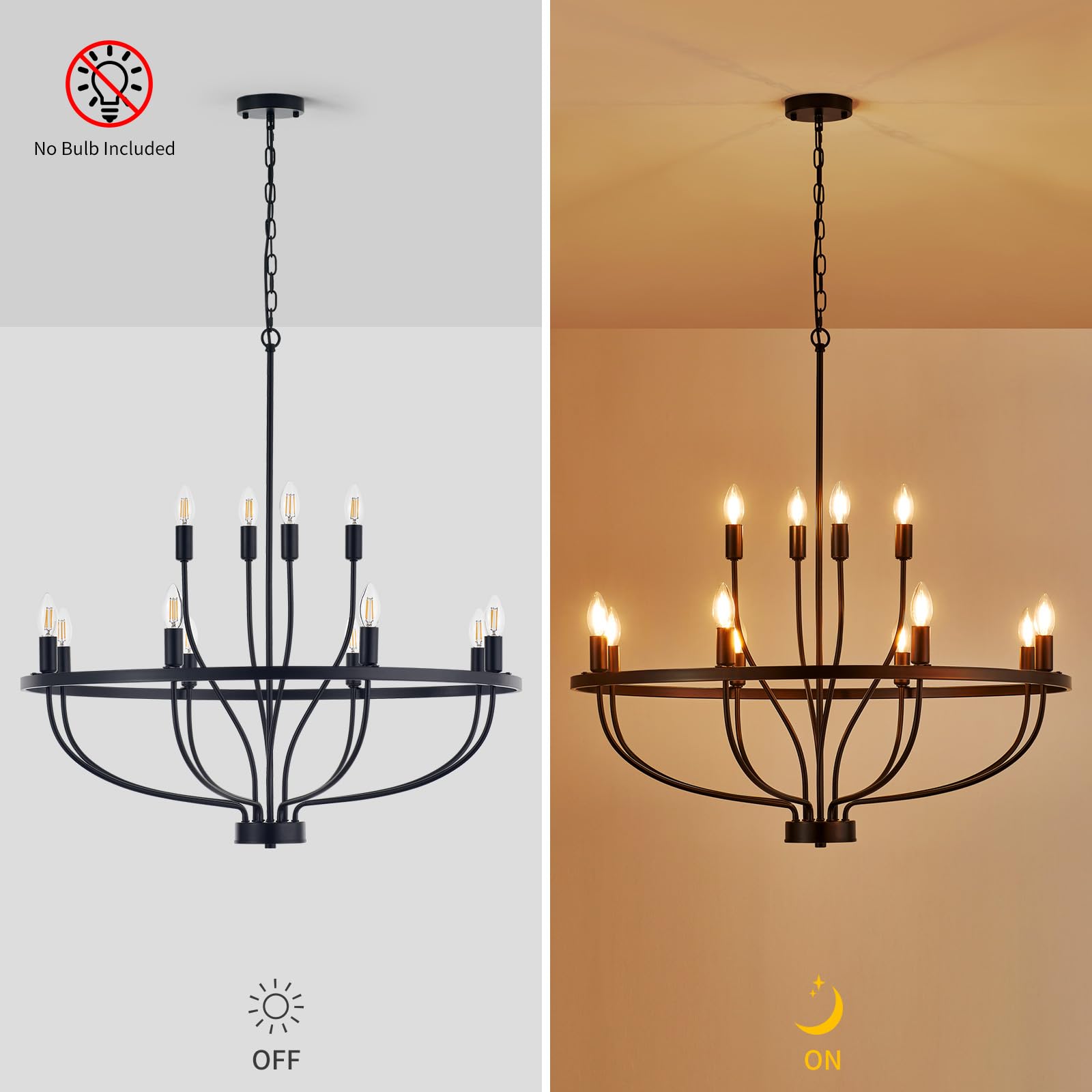 12 Lights Candle Chandelier Black Farmhouse & Industrial Pendant CL-12HCCB