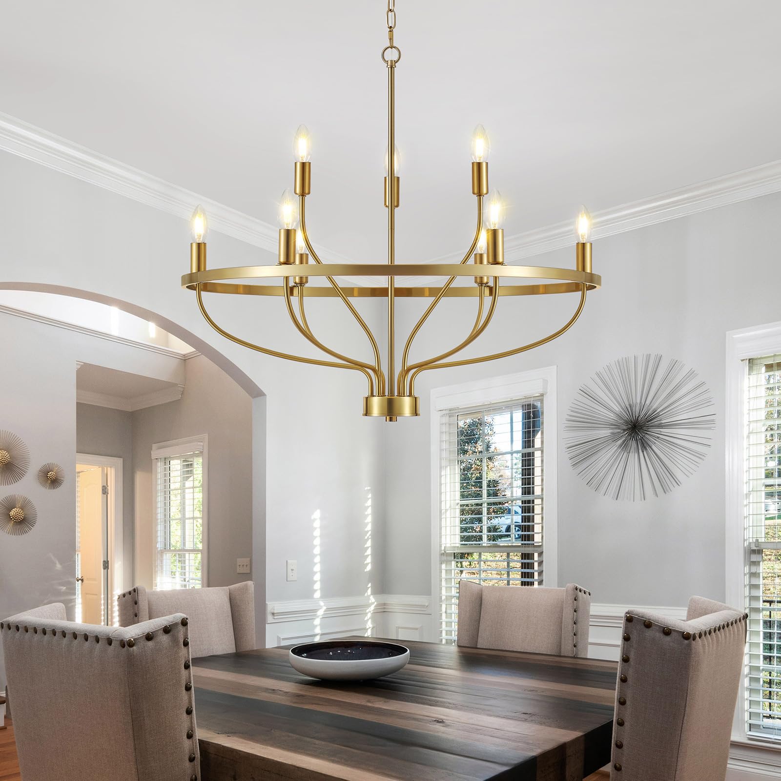 9 Lights Candle Chandelier Gold Farmhouse & Industrial Pendant CL-9HCCG