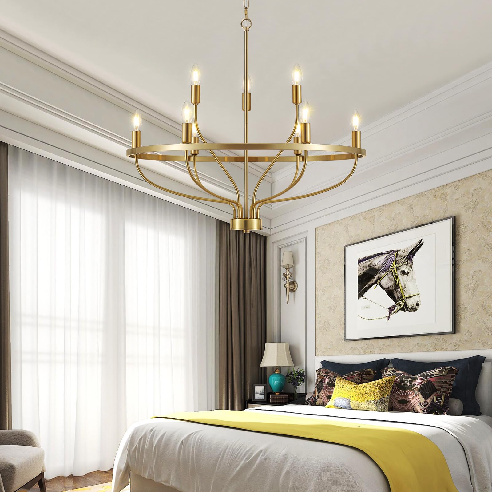 9 Lights Candle Chandelier Gold Farmhouse & Industrial Pendant CL-9HCCG