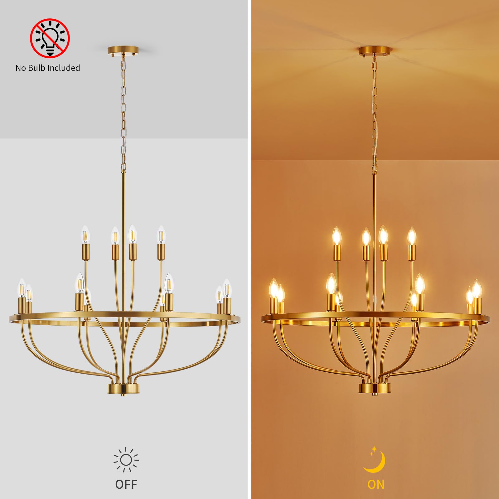 12 Lights Candle Chandelier Gold Farmhouse & Industrial Pendant CL-12HCCG
