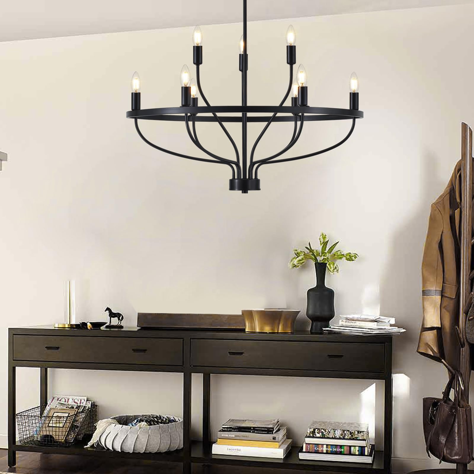 9 Lights Candle Chandelier Black Farmhouse & Industrial Pendant CL-9HCCB