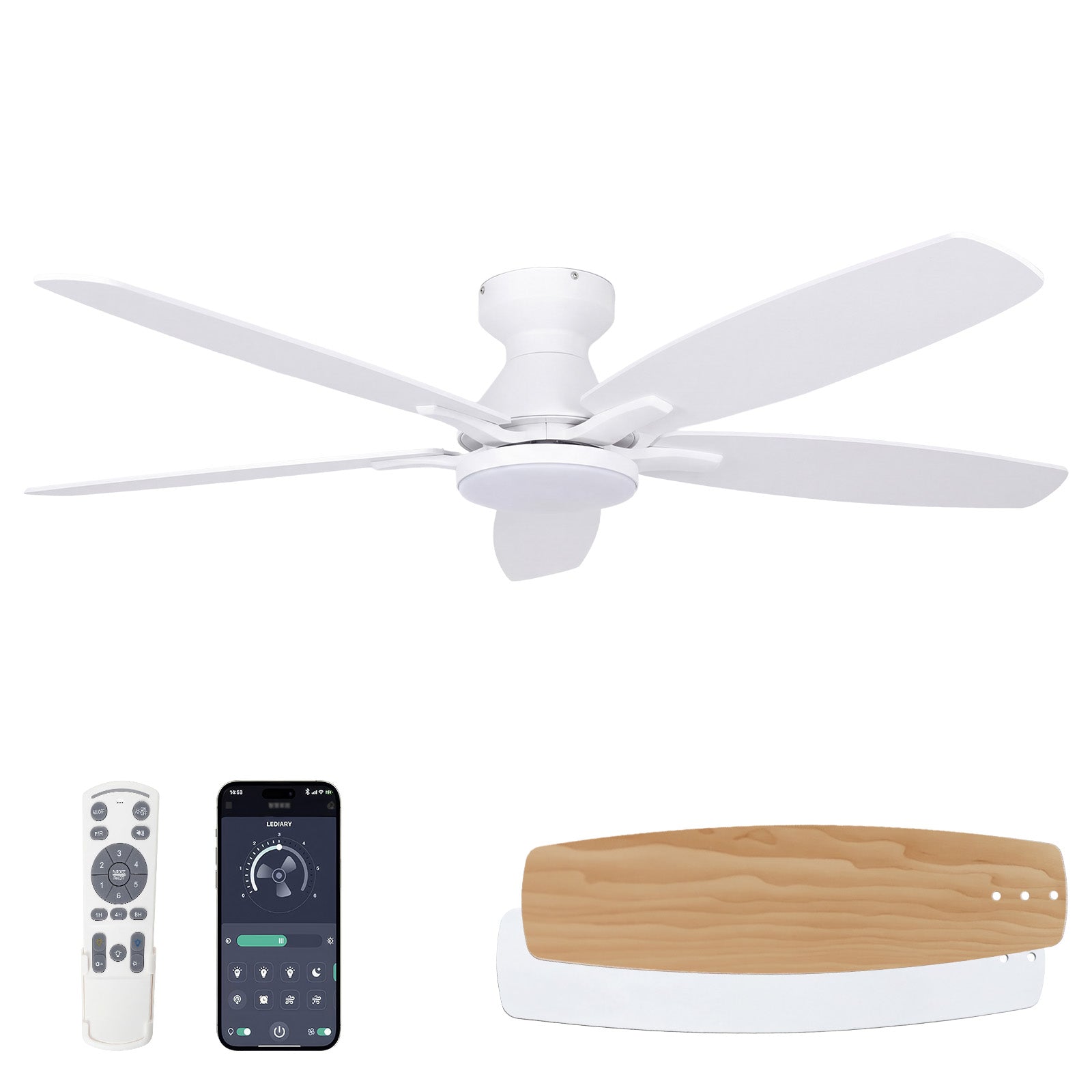 Ceiling Fan with Light 52" DC Motor 5 Wood Blades White CF-52JYFW