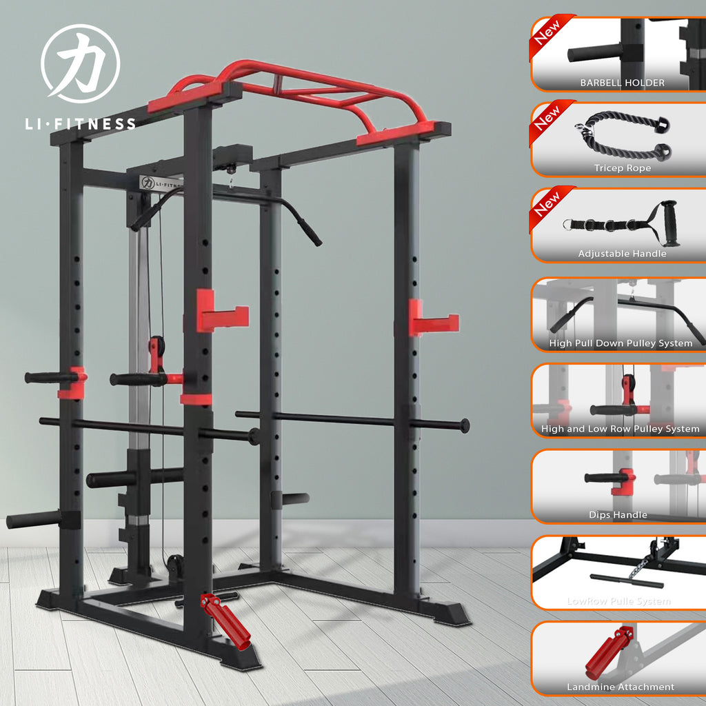 Power Rack Cage w/ Lat Pull Down Dip Bar Bench Press Squats Home Gym