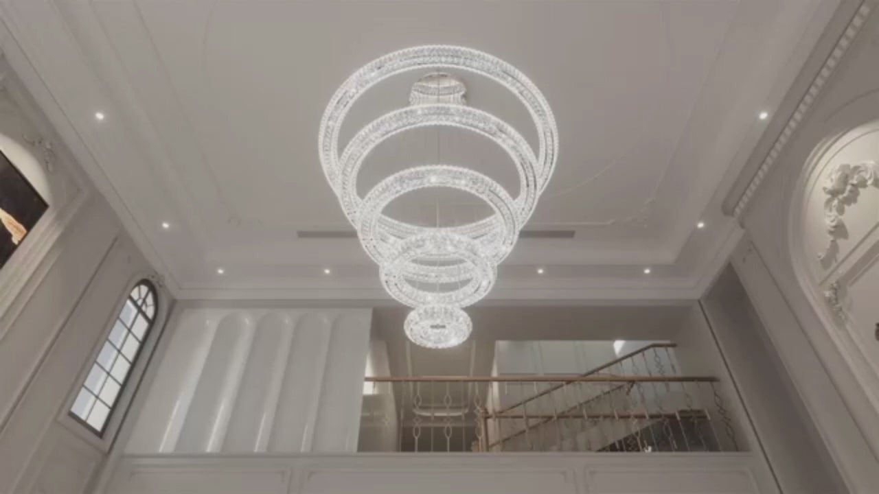 Load video: 5 Rings Crystal Chandelier Modern LED Stair High Ceiling CL-5RCCS