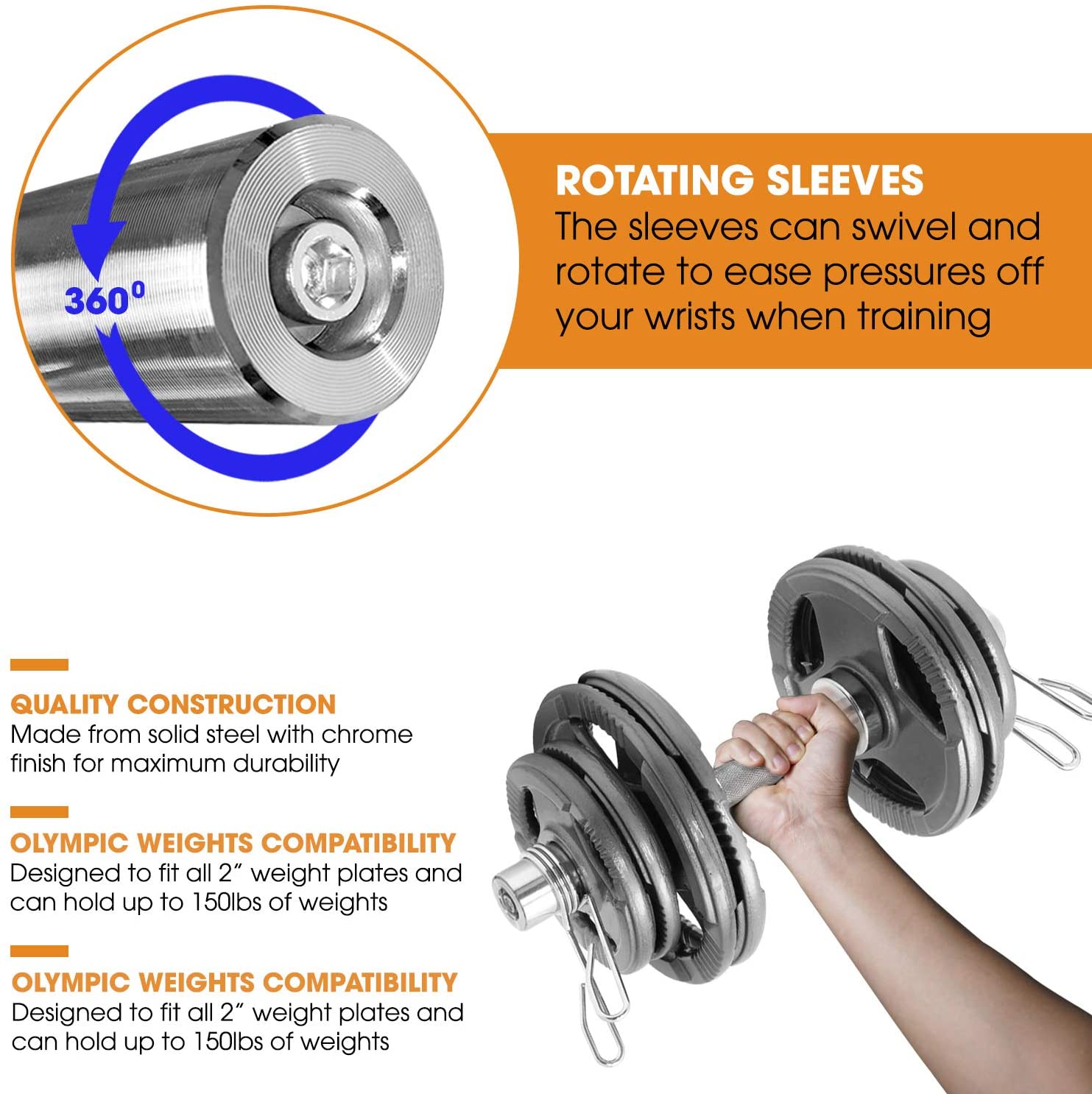 Olympic Dumbbell Handle Weight Lifting Bars with 50mm Hole
