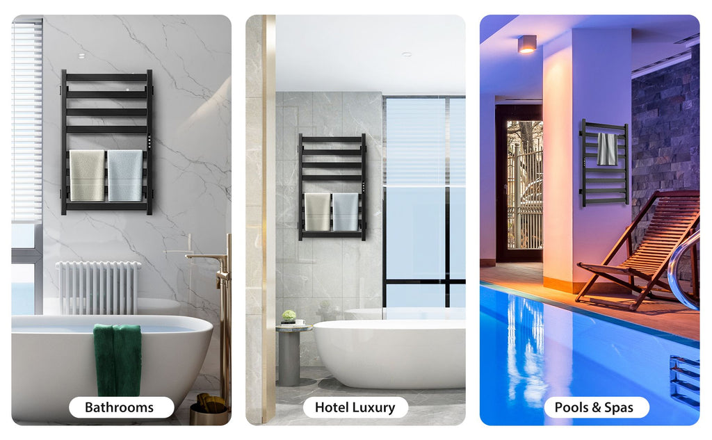 Heated Towel Rail, 6 Compartment Wall Mounted Bathroom Heated Towel Rail With Timer And LED Indicator