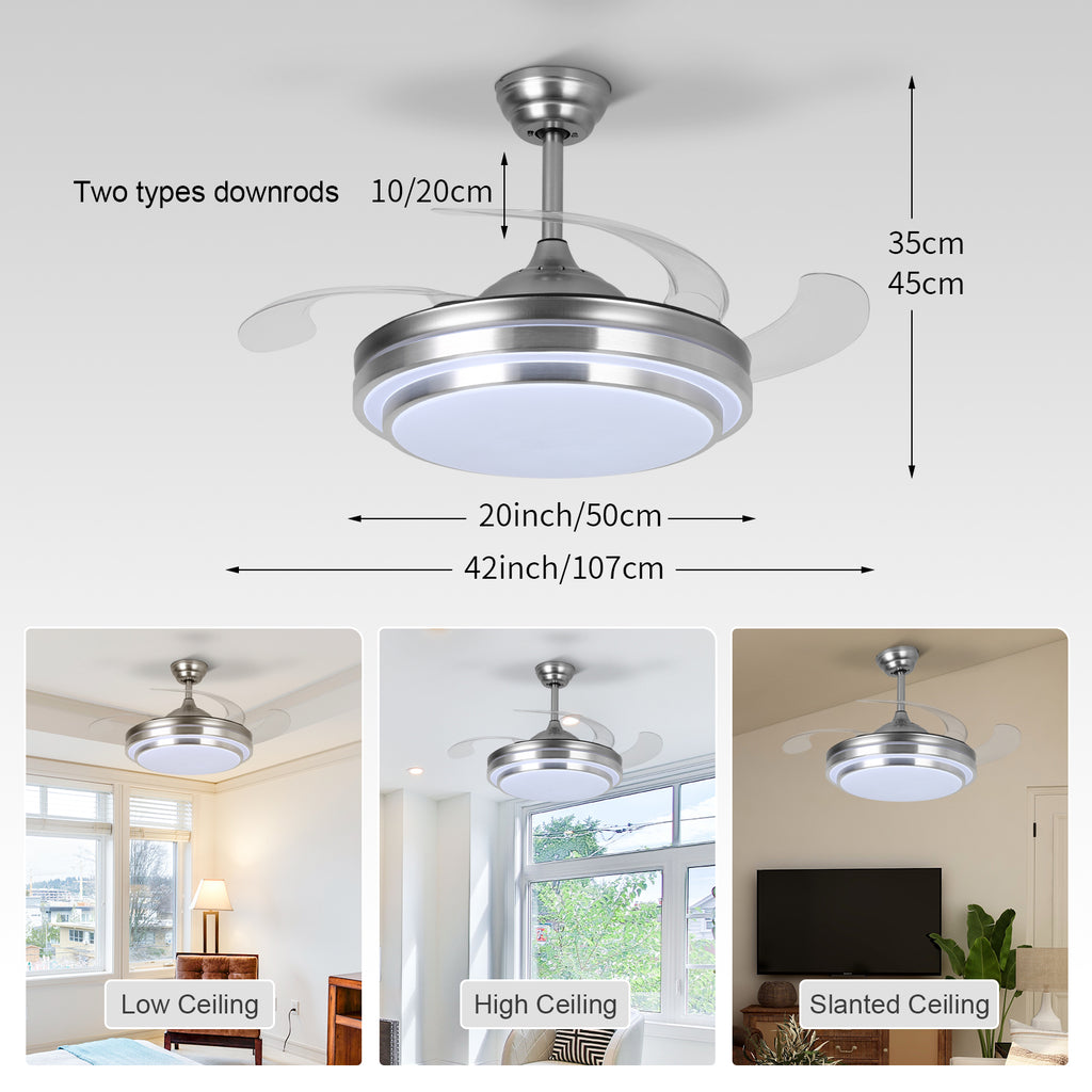 42'' Modern Silver Ceiling Fan with Light & Remote Control YX3B-P-2S-42-L