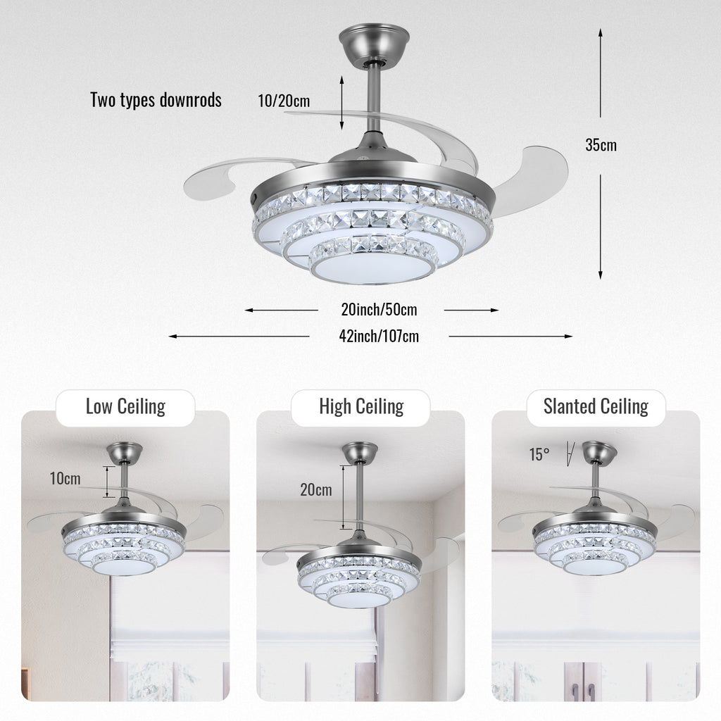 42'' Modern Silver Ceiling Fan with Crystal Light & Remote Control YXSJ3B-P-2S-42-L