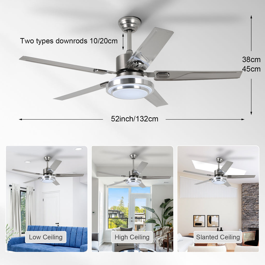 52'' Modern Silver Ceiling Fan with Light & Remote Control DD5B-M-2S-52-L