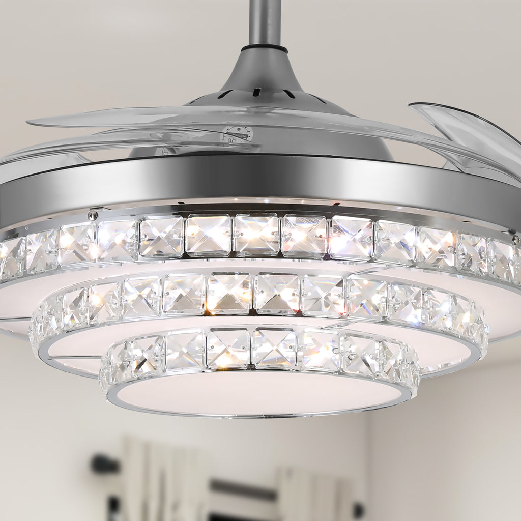 42'' Modern Silver Ceiling Fan with Crystal Light & Remote Control YXSJ3B-P-2S-42-L