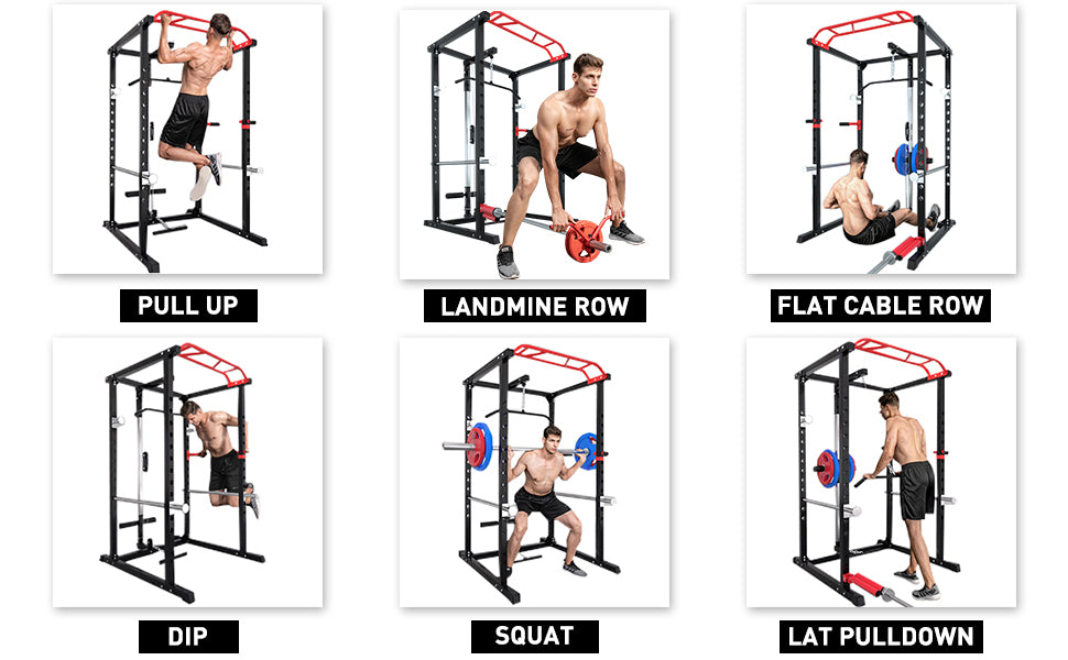 Power Rack Cage w/ Lat Pull Down Dip Bar Bench Press Squats Home Gym