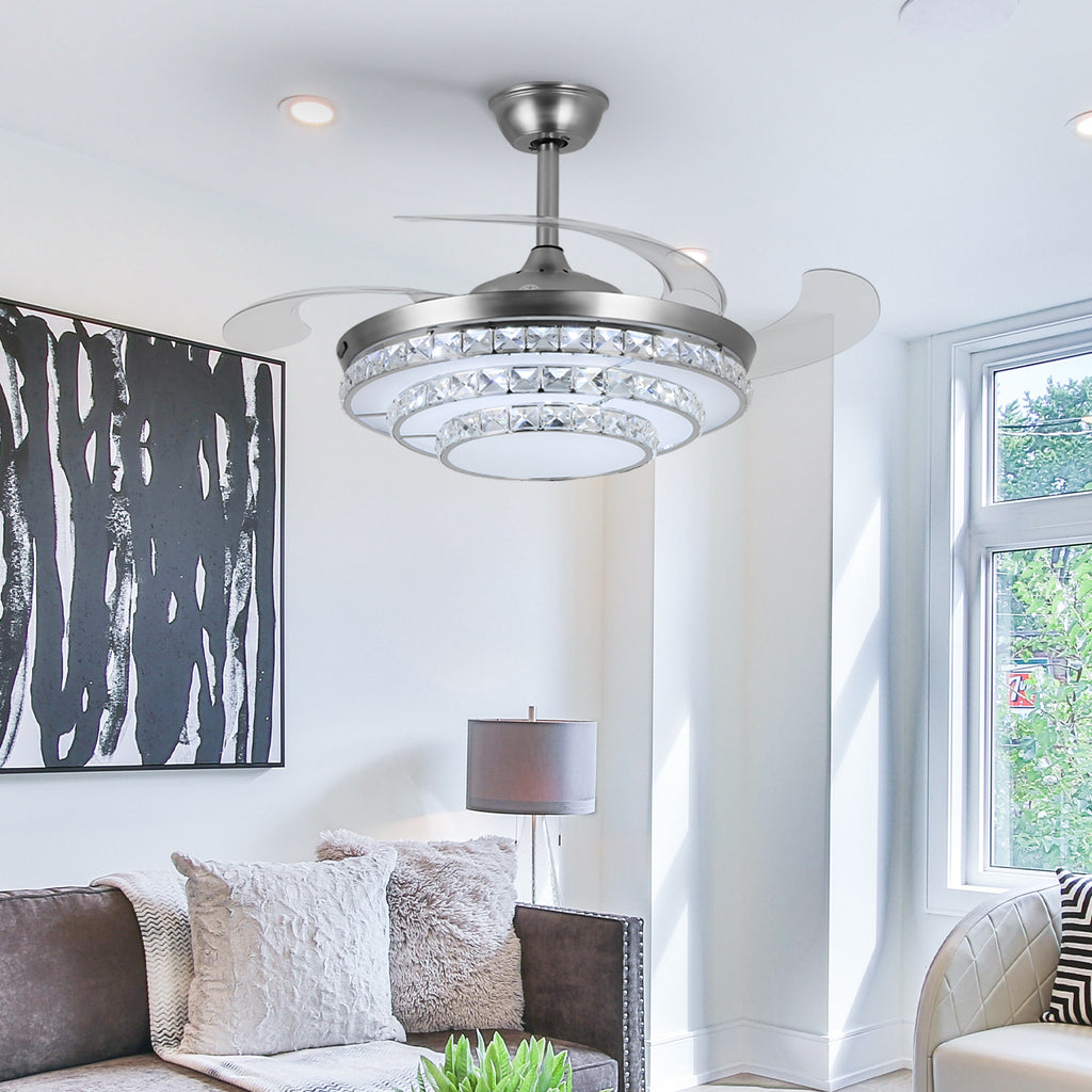 42'' Modern Silver Ceiling Fan with Crystal Light & Remote Control YXSJ3B-P-2S-42-L