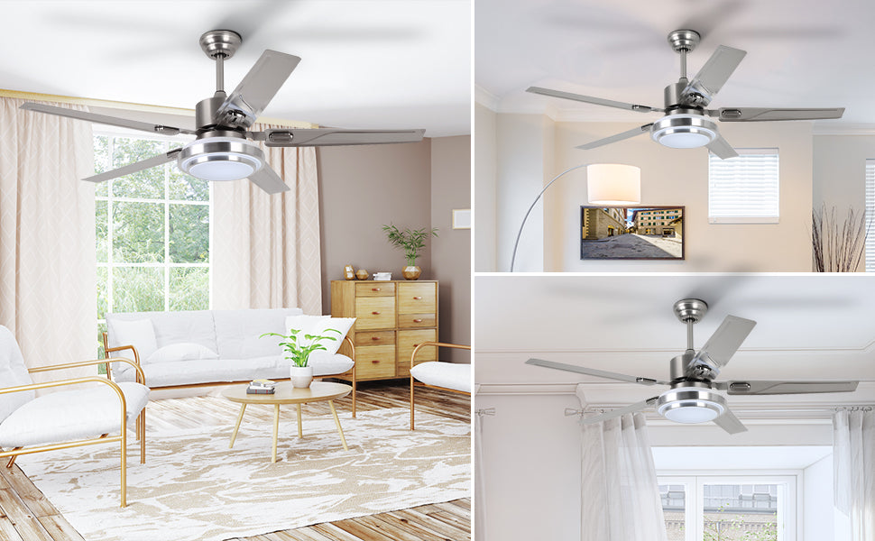 52'' Modern Silver Ceiling Fan with Light & Remote Control DD5B-M-2S-52-L