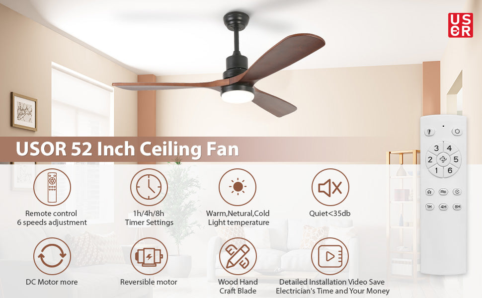 52'' Modern Black&Brown Ceiling Fan with Light & Remote Control MZ3B-W-BrB-52-L